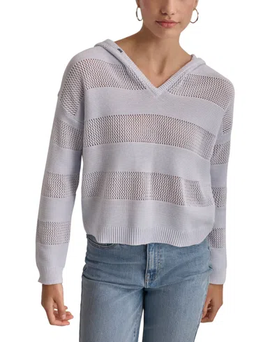 Dkny Jeans Women's Pointelle Stripe V-neck Hooded Sweater In White,frost Blue