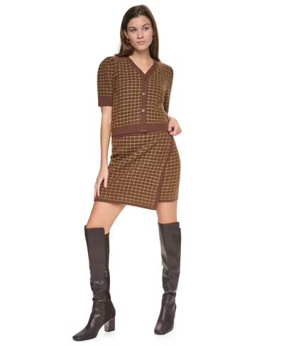 Dkny Jeans Women's Puff Short-sleeve Cropped V-neck Cardigan In Brown