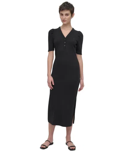 Dkny Jeans Women's Puff-sleeve Henley Midi Dress In Black