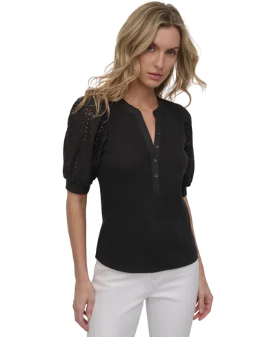 Dkny Jeans Women's Puff-sleeve Henley Top In Hvl - Clover Black