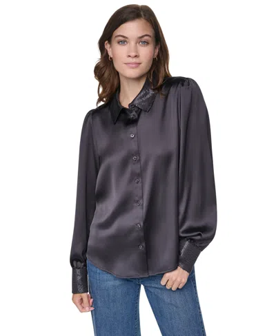 Dkny Jeans Women's Puff-sleeve Sequin-trim Henley Blouse In Black