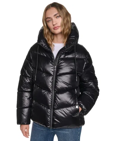 Dkny Jeans Women's Quilted Puffer W/ Drama Collar Jacket In Black