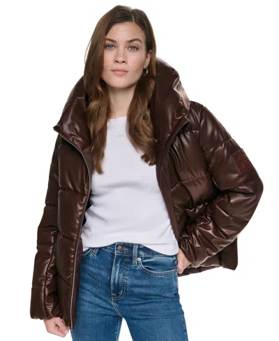 Dkny Jeans Women's Quilted Puffer W/ Drama Collar Jacket In Brown