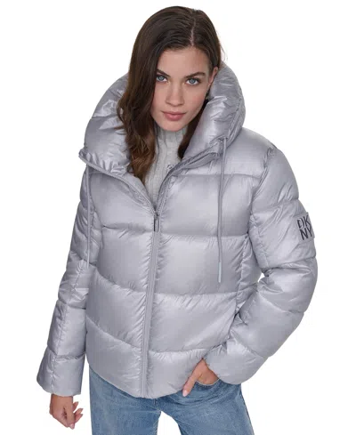 Dkny Jeans Women's Quilted Puffer W/ Drama Collar Jacket In Gray