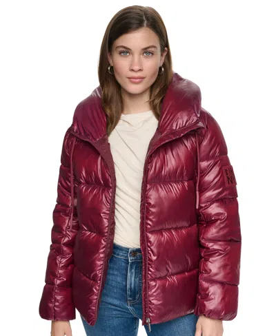 Dkny Jeans Women's Quilted Puffer W/ Drama Collar Jacket In Red