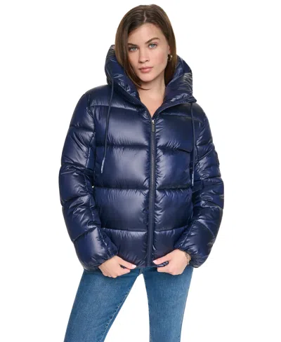 Dkny Jeans Women's Quilted Puffer W/ Drama Collar Jacket In Blue