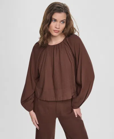 Dkny Jeans Women's Raglan Long-sleeve Shirred Neckline Top In Brown