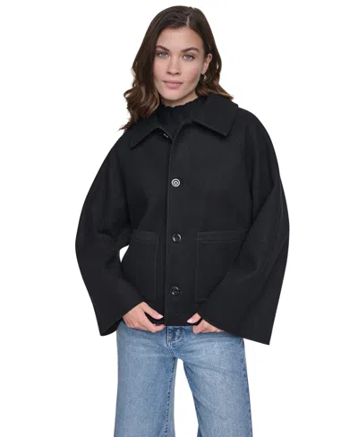 Dkny Jeans Women's Raglan Sleeve Button Front Swing Lined Coat In Black