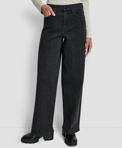 Dkny Jeans Women's Rhinestone High-rise Wide-leg Jeans In Black