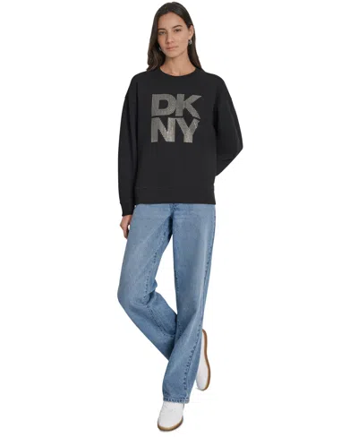 Dkny Jeans Women's Rhinestone Logo Cotton Crewneck Sweatshirt In Black