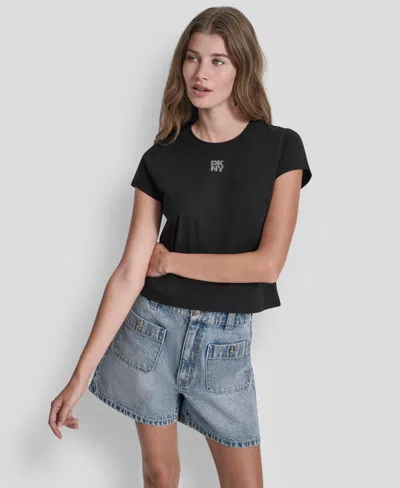 Dkny Jeans Women's Rhinestone Logo Crew Neck Baby T-shirt In Multi