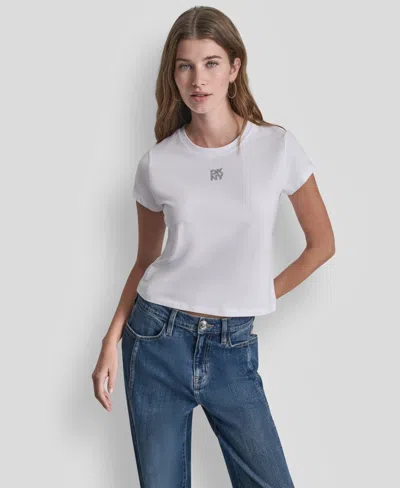 Dkny Jeans Women's Rhinestone Logo Crew Neck Baby T-shirt In White