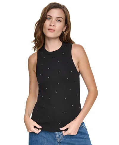 Dkny Jeans Women's Rhinestones Ribbed Tank Top In Black