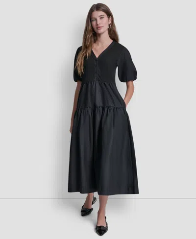 Dkny Jeans Women's Rib Henley Puff-sleeve Midi Dress In Black
