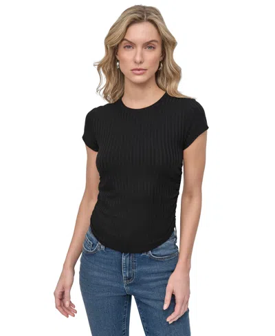 Dkny Jeans Women's Ribbed Cap-sleeve T-shirt In Blk - Black
