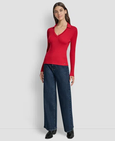 Dkny Jeans Women's Ribbed Long Sleeve Sweater In Red