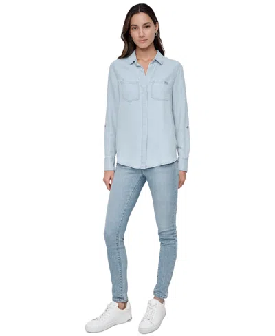 Dkny Jeans Women's Roll-tab-sleeve Button-front Shirt In Chambray Stripe