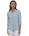 Dkny Jeans Women's Roll-tab-sleeve Button-front Shirt In Kzn - Dk Outln Chbry