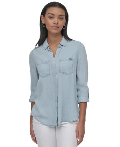Dkny Jeans Women's Roll-tab-sleeve Button-front Shirt In Kzn - Dk Outln Chbry