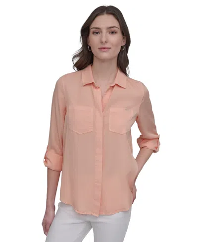 Dkny Jeans Women's Roll-tab-sleeve Button-front Shirt In Trd - Tropcl Peach