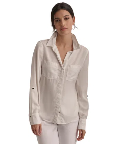 Dkny Jeans Women's Roll-tab-sleeve Button-front Shirt In Wht - White