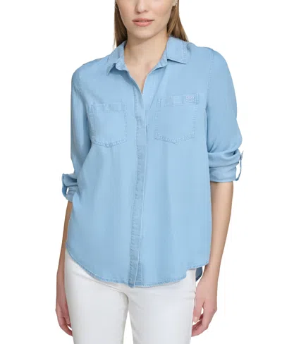 Dkny Jeans Women's Roll-tab-sleeve Button-front Top In Fjz - Chambray