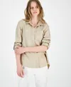 Dkny Jeans Women's Roll-tab-sleeve Button-front Shirt In Pbl - Pebble