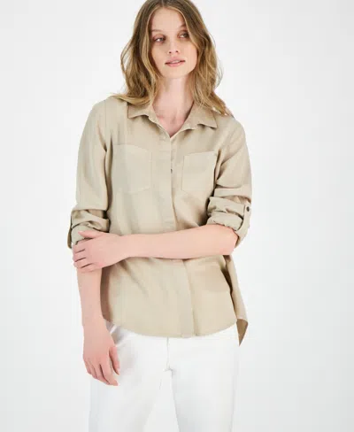 Dkny Jeans Women's Roll-tab-sleeve Button-front Shirt In Pbl - Pebble