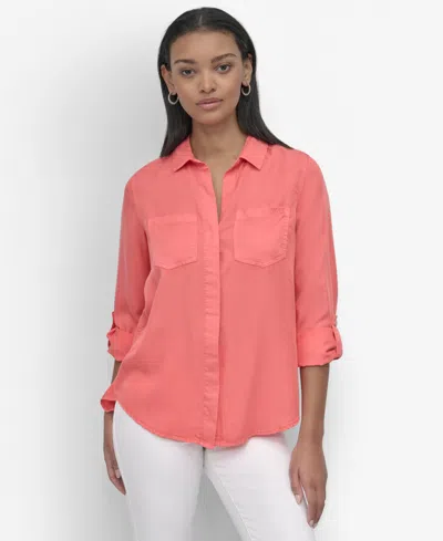 Dkny Jeans Women's Roll-tab-sleeve Button-front Shirt In Pink