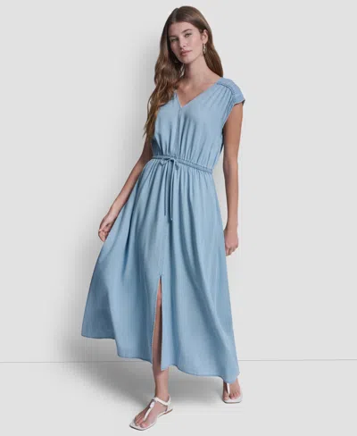 Dkny Jeans Women's Ruched Shoulder Sleeveless V-neck Dress In Blue