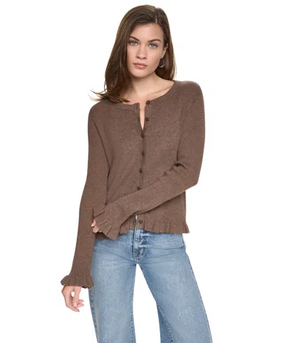 Dkny Jeans Women's Ruffle-trim Ribbed Crewneck Sweater In Brown