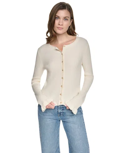 Dkny Jeans Women's Ruffle-trim Ribbed Crewneck Sweater In Neutral