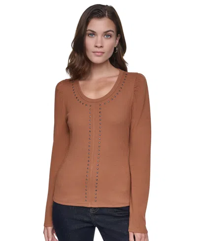 Dkny Jeans Women's Scoop Neck Long-puff Sleeve Rhinestud Cotton-blend Top In Caramel,gunmetal