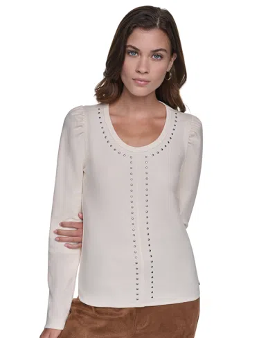 Dkny Jeans Women's Scoop Neck Long-puff Sleeve Rhinestud Cotton-blend Top In Multi