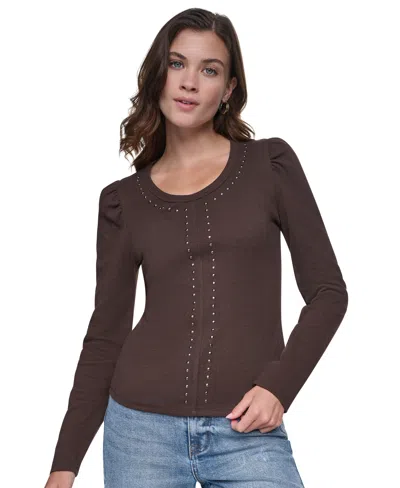 Dkny Jeans Women's Scoop Neck Long-puff Sleeve Rhinestud Cotton-blend Top In Espresso,gunmetal
