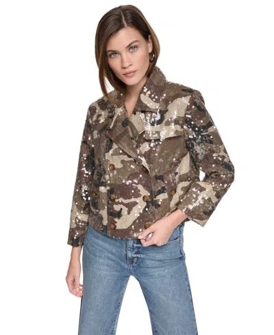 Dkny Jeans Women's Sequin Double Breasted Button Front Trench Jacket In Covert Camo Taupe Combo