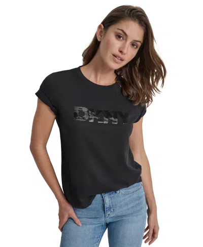Dkny Jeans Women's Sequin Logo Crewneck T-shirt In Bbl - Blk,black