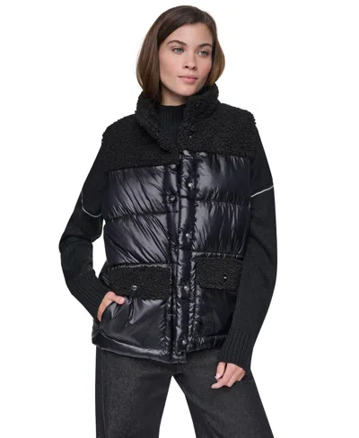 Dkny Jeans Women's Sherpa Mix Mock Neck Quilted Vest In Black