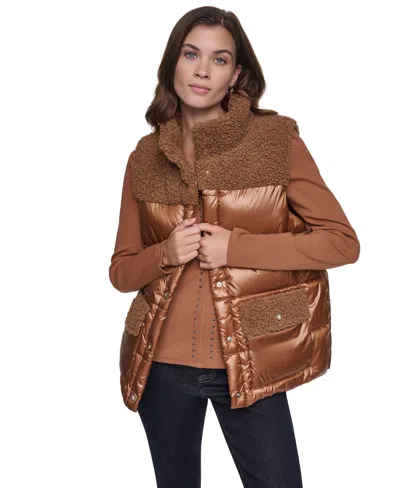 Dkny Jeans Women's Sherpa Mix Mock Neck Quilted Vest In Brown