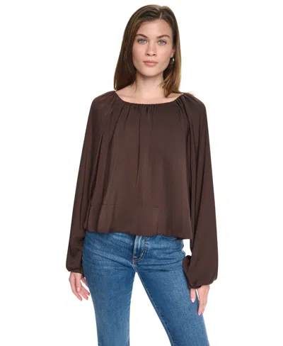Dkny Jeans Women's Shirred Boat Neck Raglan Long-sleeve Top In Espresso