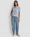 Dkny Jeans Women's Short-sleeve Polo Collar Faux Crochet Stitch Sweater In Blue