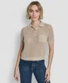 Dkny Jeans Women's Short-sleeve Polo Collar Faux Crochet Stitch Sweater In Neutral