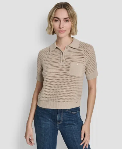 Dkny Jeans Women's Short-sleeve Polo Collar Faux Crochet Stitch Sweater In Neutral