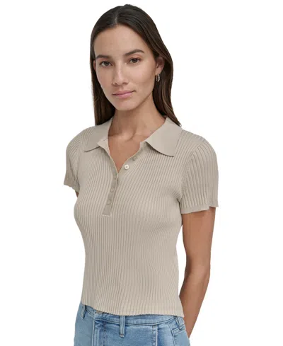Dkny Jeans Women's Short-sleeve Ribbed Knit Polo Shirt In Pbl - Pebble