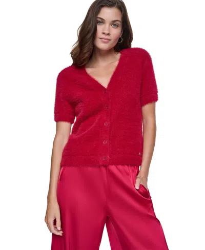 Dkny Jeans Women's Short-sleeve Brushed-knit V-neck Cardigan In Red