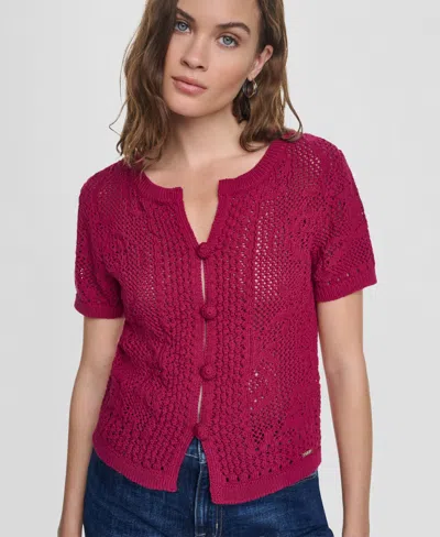Dkny Jeans Women's Short-sleeve Crewneck Cardigan In Burgundy