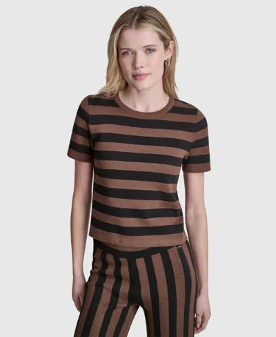 Dkny Jeans Women's Short-sleeve Crewneck Striped Sweater In Brown
