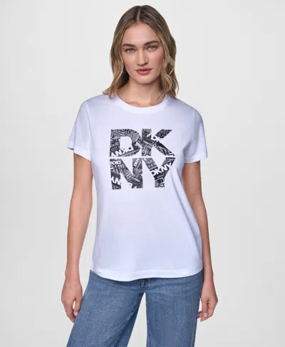 Dkny Jeans Women's Short-sleeve Newsprint Dkny Stacked Logo Crewneck T-shirt In White