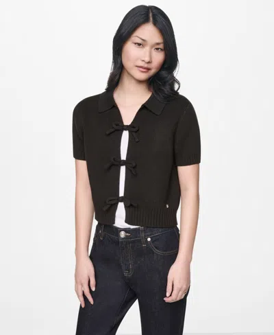 Dkny Jeans Women's Short-sleeve Polo Collar Tie Front Sweater In Multi