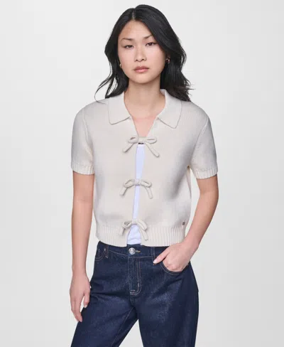 Dkny Jeans Women's Short-sleeve Polo Collar Tie Front Sweater In White